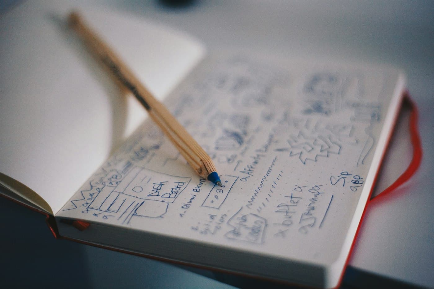 An open sketchbook full of content ideas with a pencil resting on the page